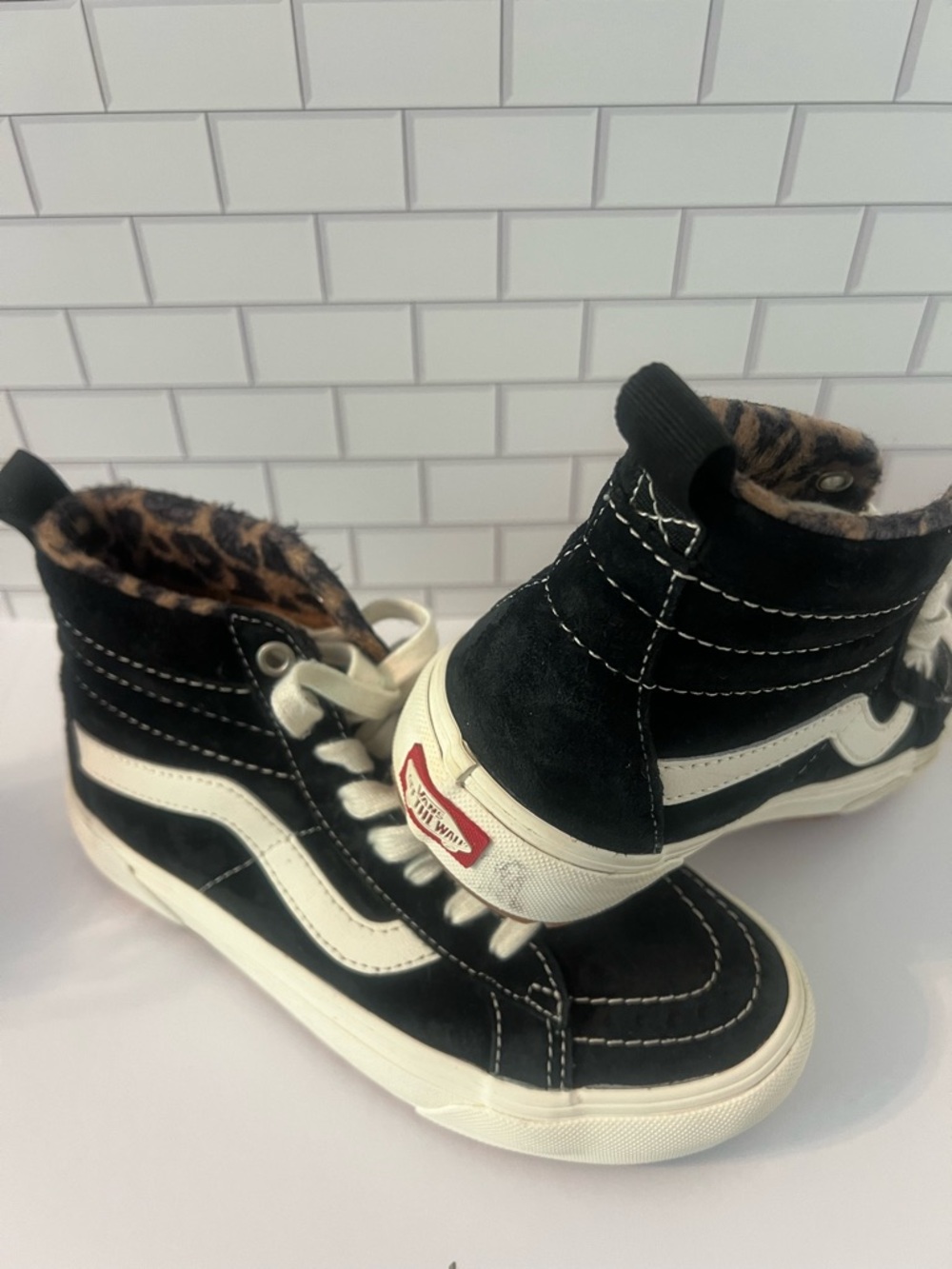 Vans Black and White High-Top Women/Kids Sneakers with Leopard Lining